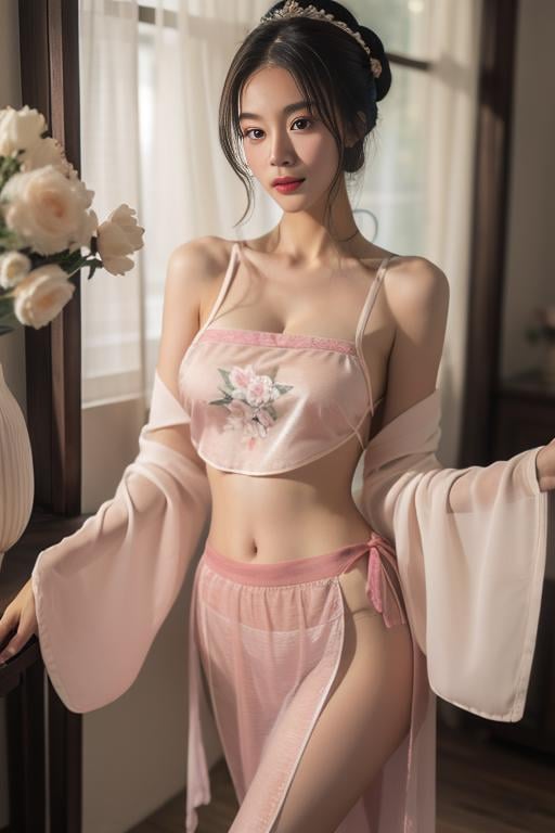 ultra-detailed,highly detailed,best quality,masterpiece,illustration,realistic,dudou,chinese underwear, 1girl, solo,long hair,  half updo, collarbone,  midriff, hanfu, shirt, see-through, chinese clothes, skirt, long sleeves,wide sleeves,  dress,camisole,  jewelry,hair ornament, off shoulder, bare shoulders, arm up, standing, looking at viewer, flower, lantern,indoors, holding, blurry background, photo background,  <lora:dudou chinese underwear_v1_03:0.7>