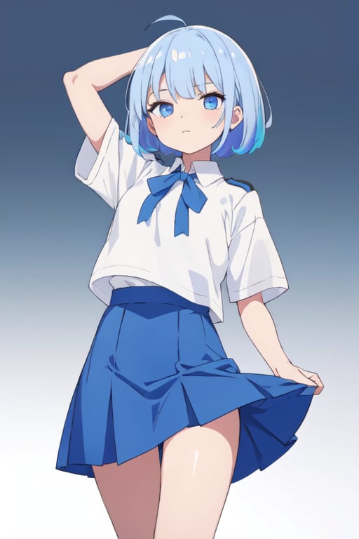 1girl, solo, white shirt, blue skirt, gradient hair