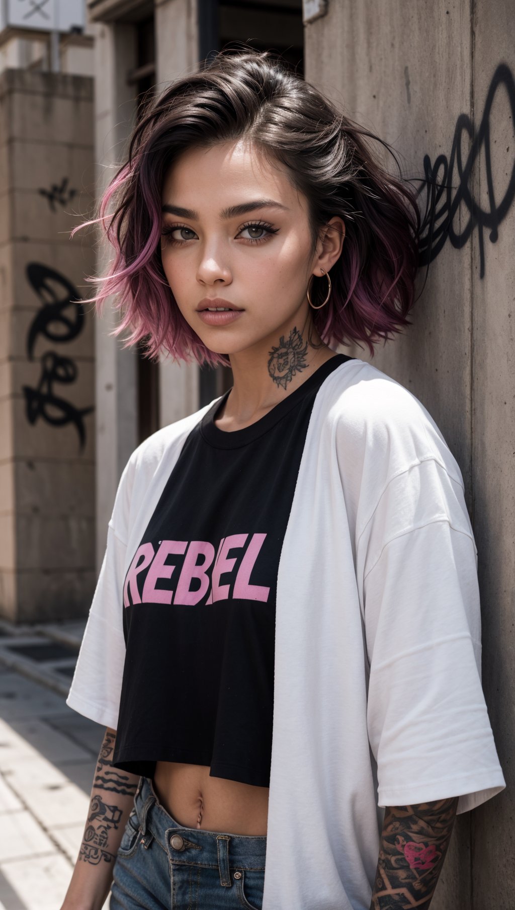 upper body portrait,raw essence of a tattooed street style icon,rebellious energy,wearing oversized shirt  with logos,vibrant graffiti as backdrop,edgy fashion,sense,confident gaze,colorful hair,light beams streaming through haze,