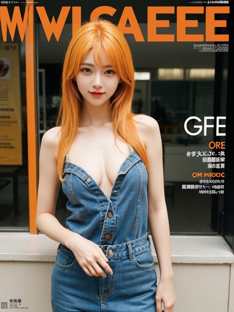 prompt:1girl, smile, upper body, (standing: 1.2), (red eye), (wolf ear), (yellow hair), (wolf tail), (cute young girl:1.1), beautiful detailed eyes, orange hair, very long hair, small breasts, (looking at viewer), (magazine:1.3), (cover-style:1.3), flower,