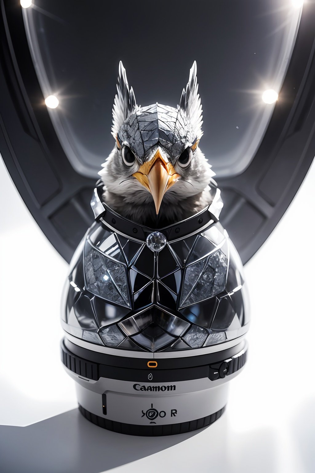 a diamond armor bird, translucent, high quality photography, 3 point lighting, flash with softbox, 4k, Canon EOS R3, hdr, smooth, sharp focus, high resolution, award winning photo, 80mm, f2.8, bokeh