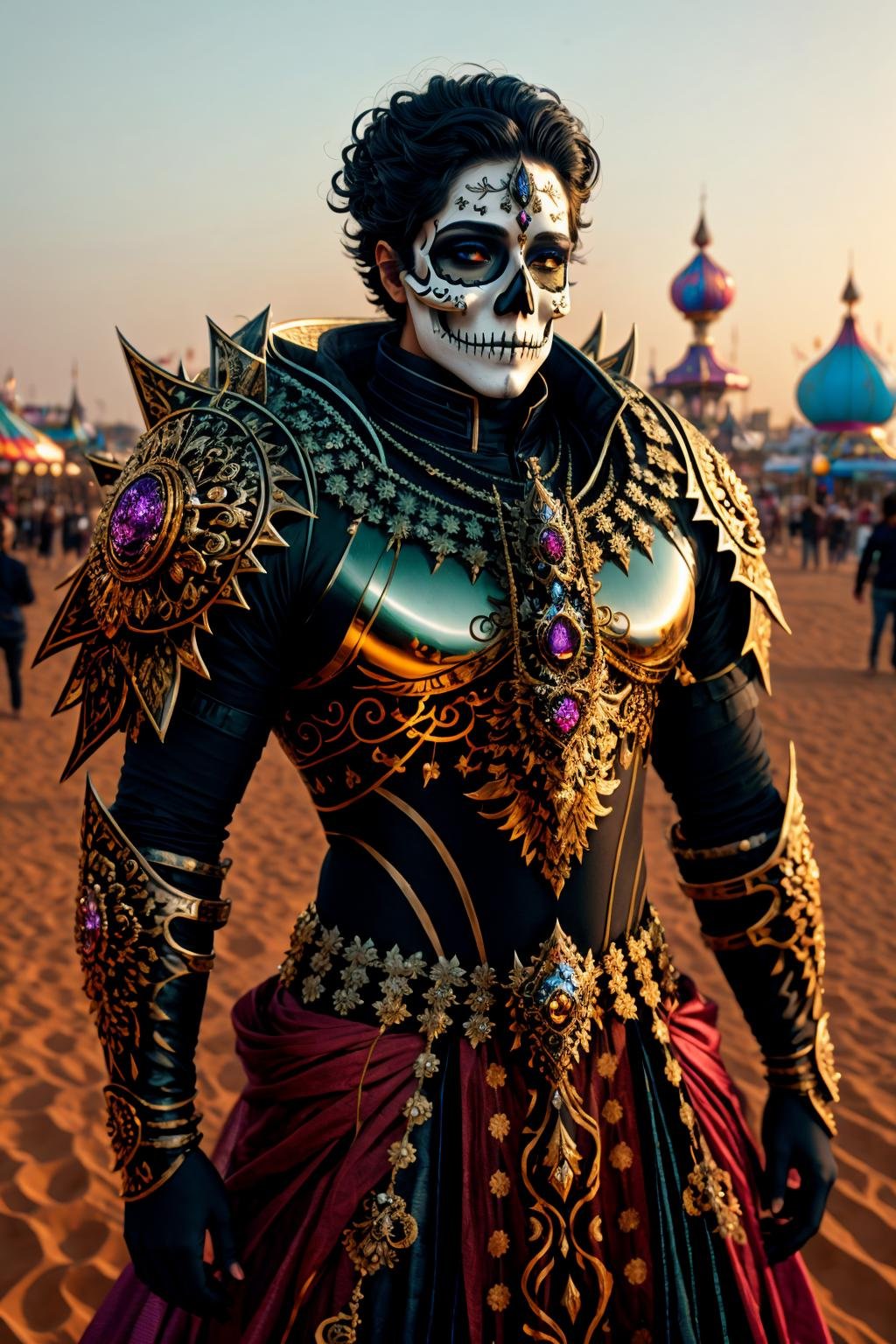 <lora:KaTRiNa aRMoR_v1:1> man in mcnhdsrmr nhdsrmr, (ktrmkp makeup:1.2), Casual Standing Pose, Weight Shifted, Deserted Carnivals at Dawn background