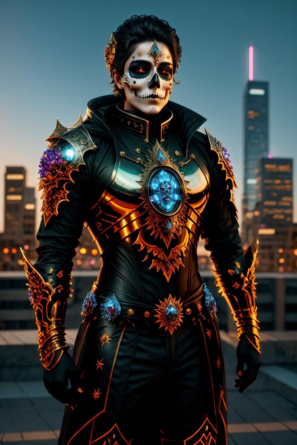 <lora:KaTRiNa aRMoR_v1:1> man in reflective mcnhdsrmr nhdsrmr, (ktrmkp makeup:1.2), Confident Hands-on-Hips Standing Pose, Glowing City Skylines background