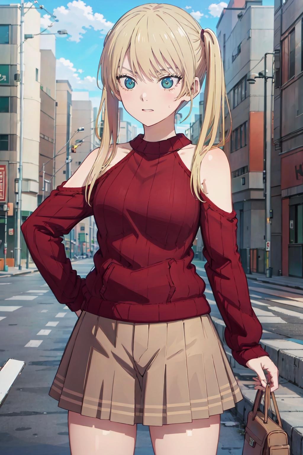 ((best quality, high quality, highres)), rika hoshizaki, red sweater, street, tokyo, solo, 1girl, cowboy shot, <lora:rika_hoshizaki:0.8>