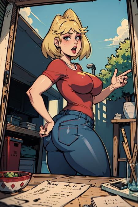 rita_loud, 1girl, red shirt, pants, blue eyeshadow, (curvy), <lora:Sett_Rita_Loud-000004:0.75>, milf, masterpiece, best quality, extreme detail, 8k, image sharpness