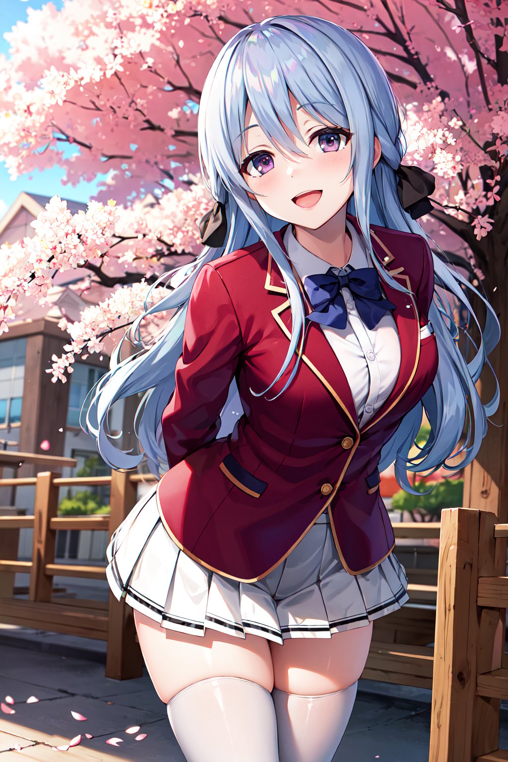 masterpiece, best quality, highres, aahiyori, long hair, hair ribbon, purple eyes, school uniform, blue bowtie, red jacket, blazer, pleated skirt, white skirt, thighhighs, <lora:shiina_hiyori_v1:0.7>, arms behind back, smile, open mouth, standing, leaning forward, outdoors, cherry blossoms, 