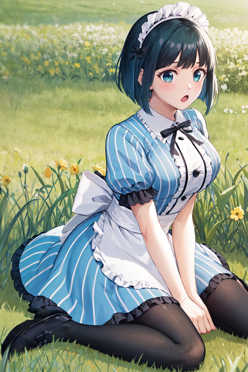 masterpiece, best quality, highres, 1girl, solo, short hair, green hair, bob cut, maid headdress, blue eyes, large breasts, frills, vertical-striped dress, blue dress, short sleeves,  black pantyhose, <lora:ono_shiragiku_v1:0.7>, :o, grass, field, wariza, shoes