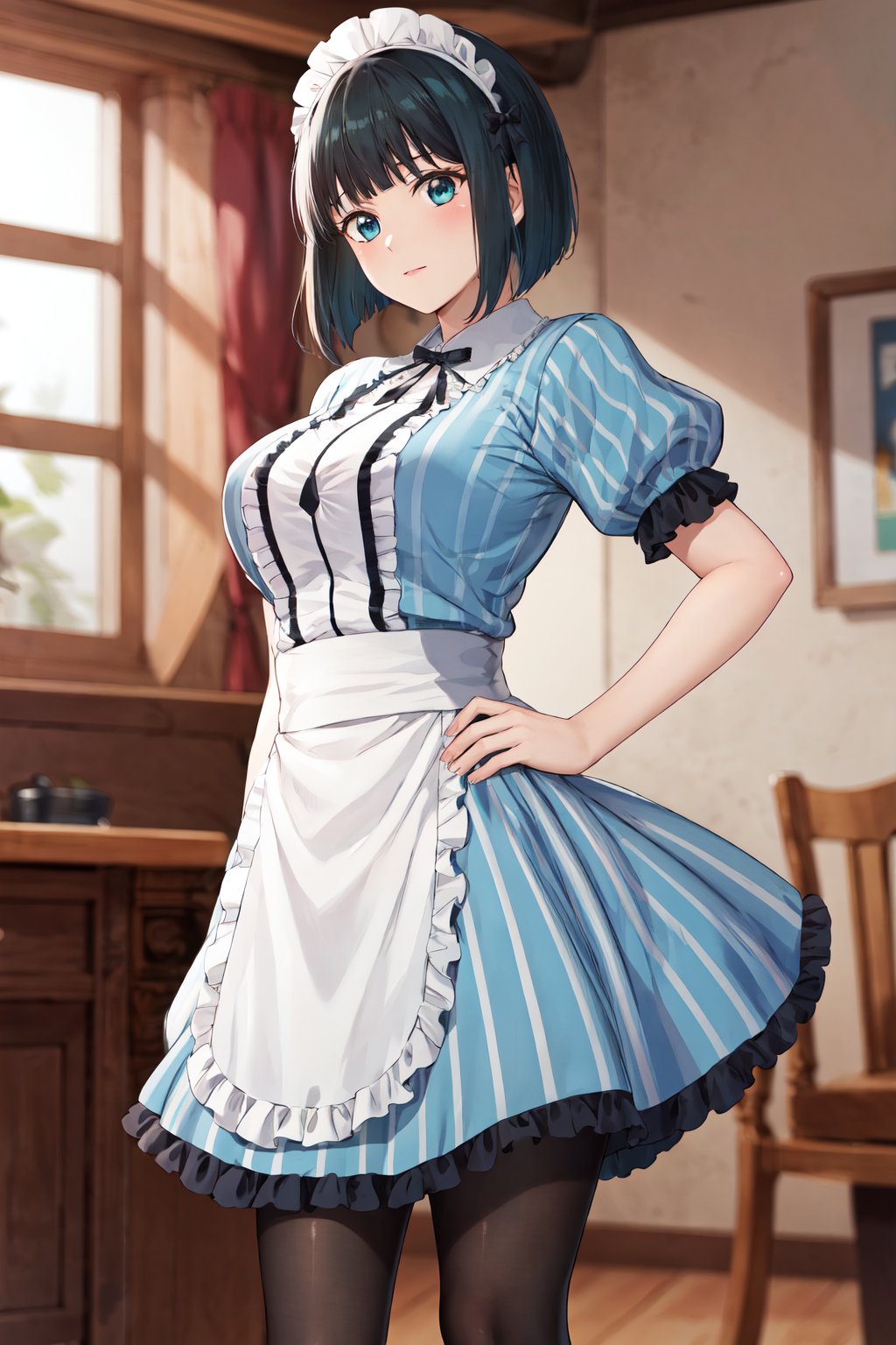 masterpiece, best quality, highres, 1girl, solo, short hair, green hair, bob cut, maid headdress, blue eyes, large breasts, frills, vertical-striped dress, blue dress, short sleeves,  black pantyhose, <lora:ono_shiragiku_v1:0.7>, hand on hip, indoors, standing