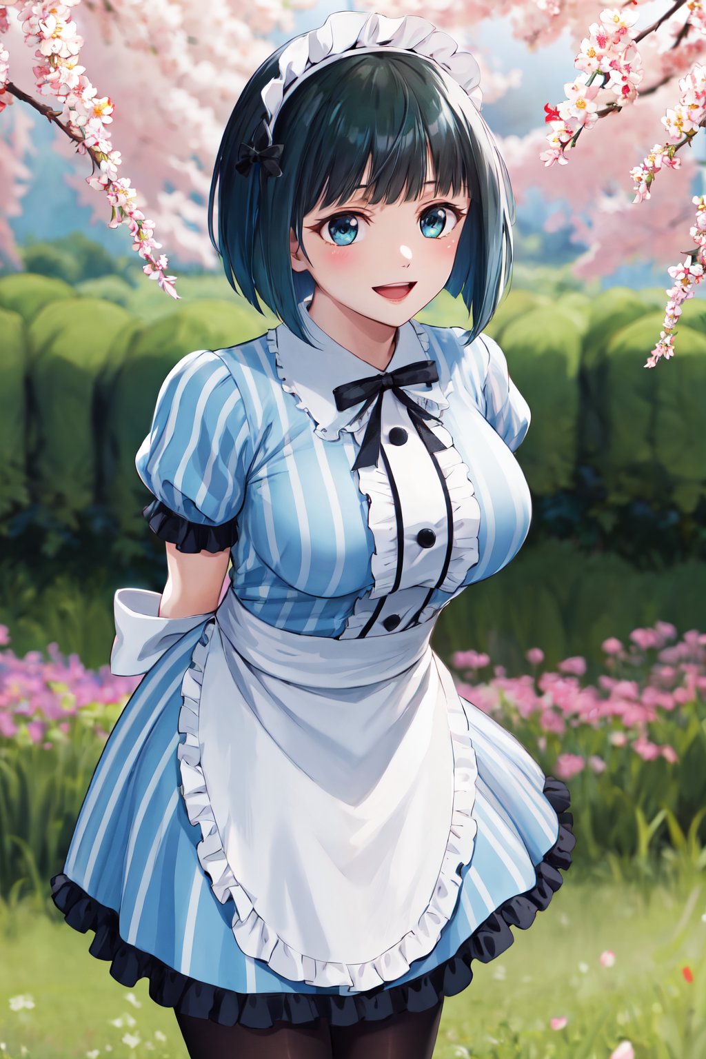 masterpiece, best quality, highres, 1girl, solo, short hair, green hair, bob cut, maid headdress, blue eyes, large breasts, frills, vertical-striped dress, blue dress, short sleeves,  black pantyhose, <lora:ono_shiragiku_v1:0.7>, standing, cowboy shot, arms behind back, smile, open mouth, leaning forward, outdoors, cherry blossoms, 