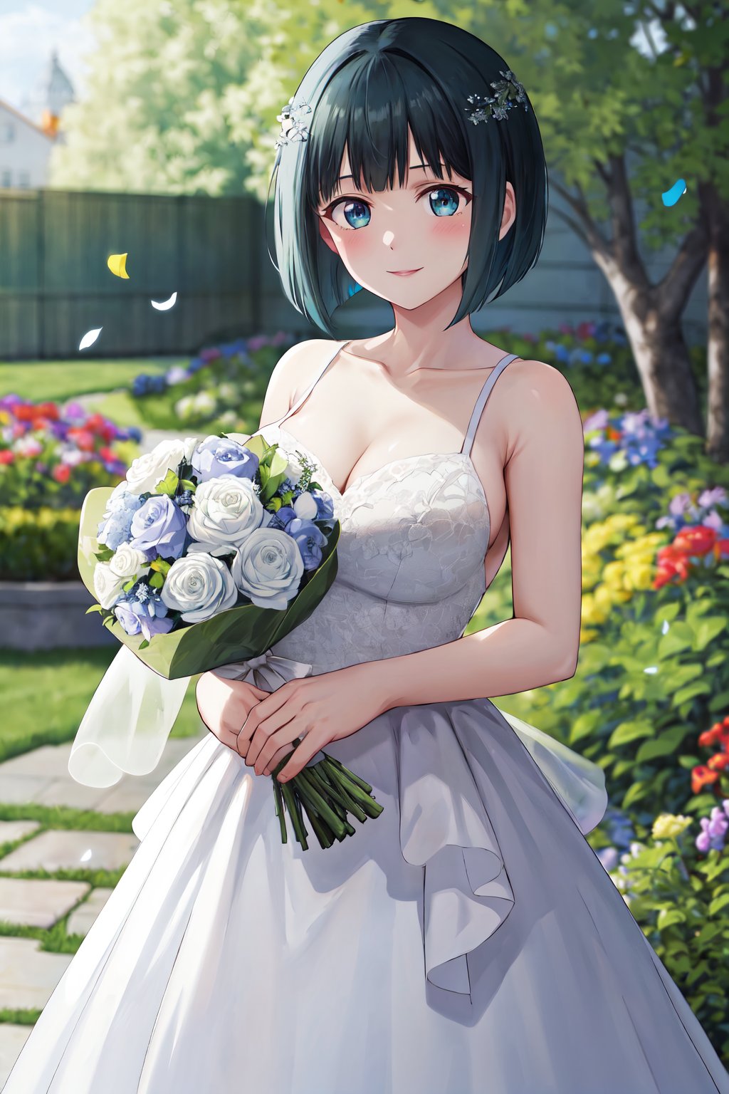 masterpiece, best quality, highres, 1girl, solo, short hair, green hair, bob cut, blue eyes, large breasts, <lora:ono_shiragiku_v1:0.7>, wedding dress, white dress, garden, standing, holding bouquet, smile, confetti, 