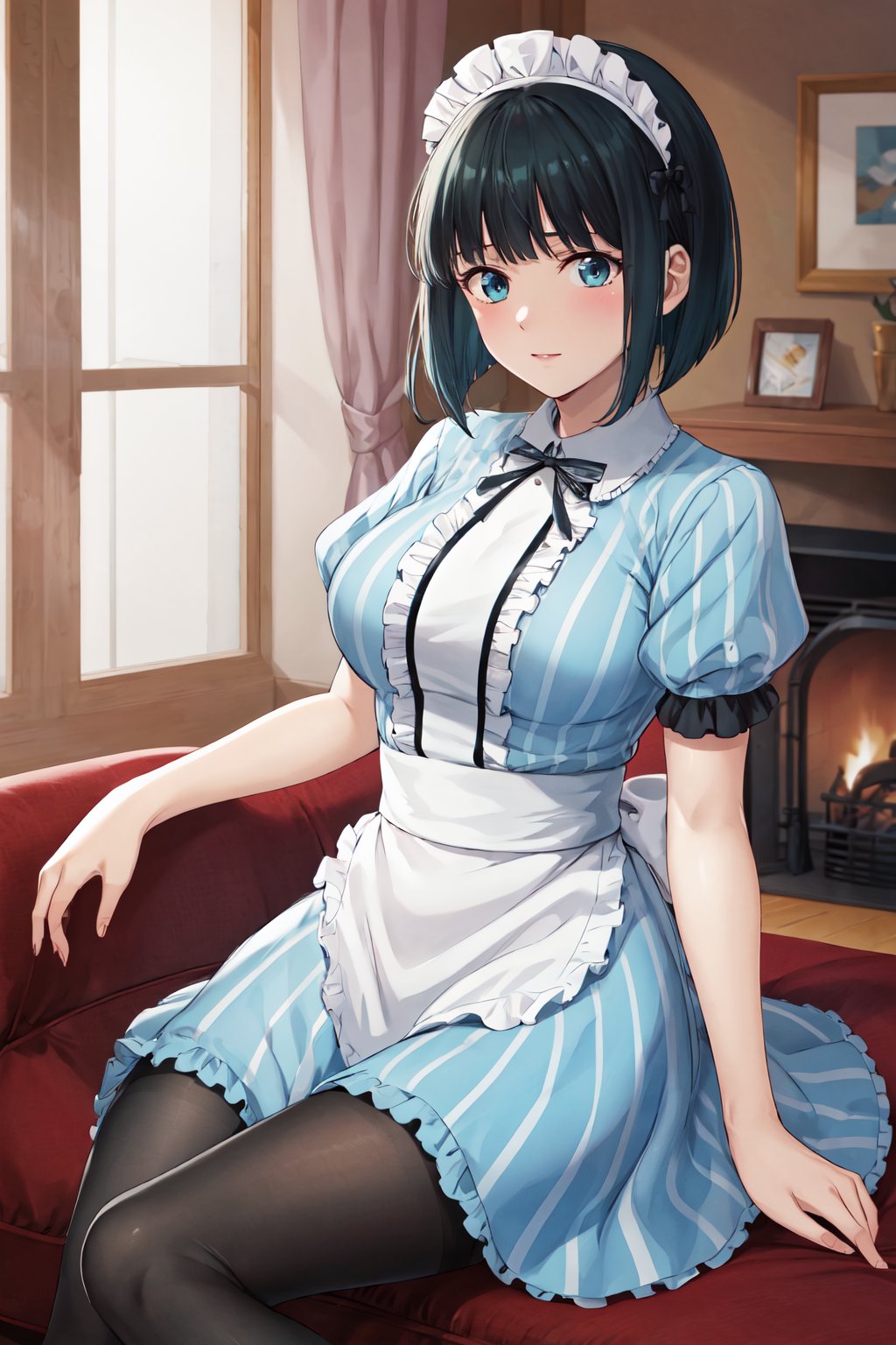 masterpiece, best quality, highres, 1girl, solo, short hair, green hair, bob cut, maid headdress, blue eyes, large breasts, frills, vertical-striped dress, blue dress, short sleeves,  black pantyhose, <lora:ono_shiragiku_v1:0.7>, living room, sitting, sofa