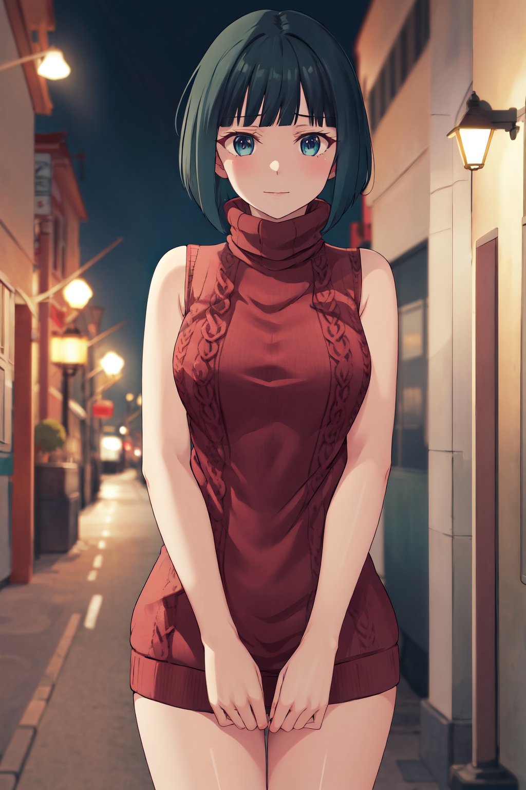 masterpiece, best quality, highres, 1girl, solo, short hair, green hair, bob cut, blue eyes, <lora:ono_shiragiku_v1:0.7>, sweater dress, (red sweater:1.2), sleeveless, turtleneck, standing, night, street