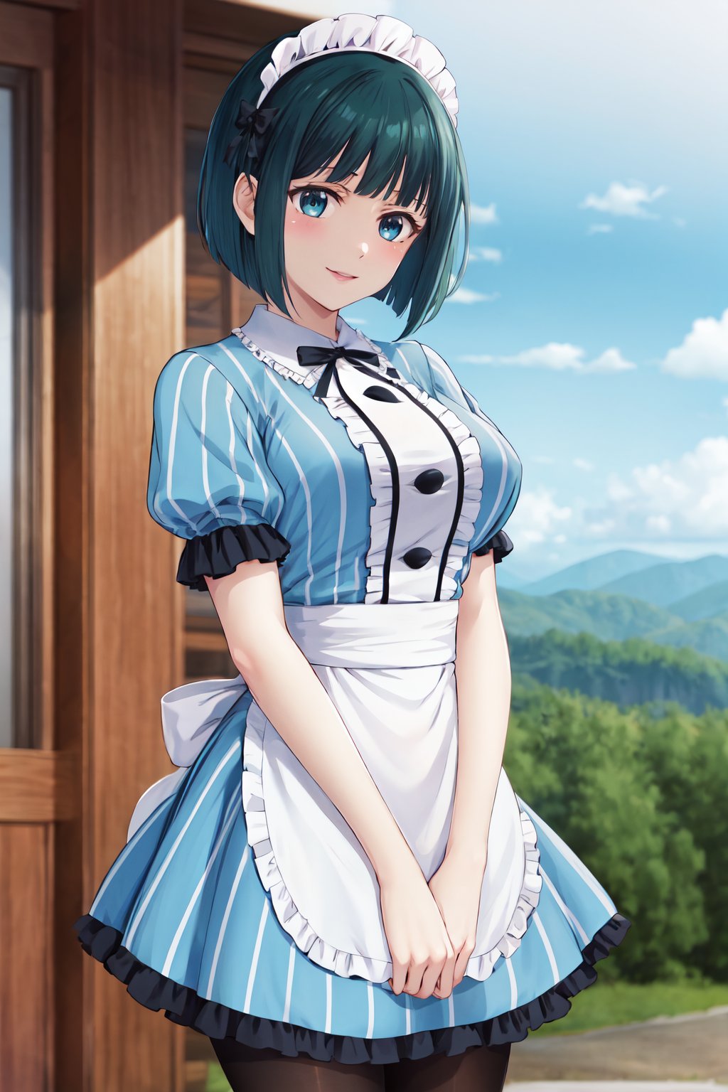 masterpiece, best quality, highres, 1girl, solo, short hair, green hair, bob cut, maid headdress, blue eyes, large breasts, frills, vertical-striped dress, blue dress, short sleeves,  black pantyhose, <lora:ono_shiragiku_v1:0.7>, standing, cowboy shot, smile