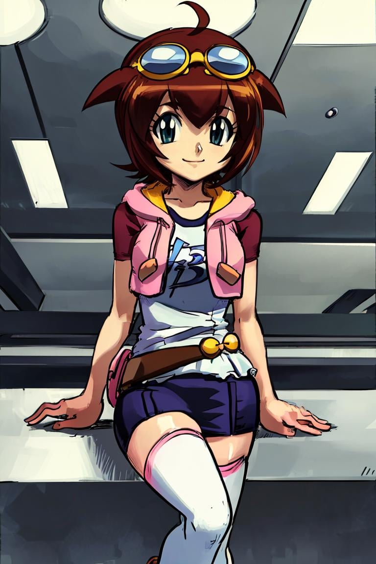 <lora:Alex_Ahad_Style:0.8>,((masterpiece,best quality)), absurdres, <lora:Amano_Madoka_Beyblade:0.8>, Amano_Madoka_Beyblade, 1girl, solo, short hair, aqua eyes, brown hair, goggles on head, skirt, zettai ryouiki, white thigh highs, pink hoodie,  solo, smile, looking at viewer, sitting, 