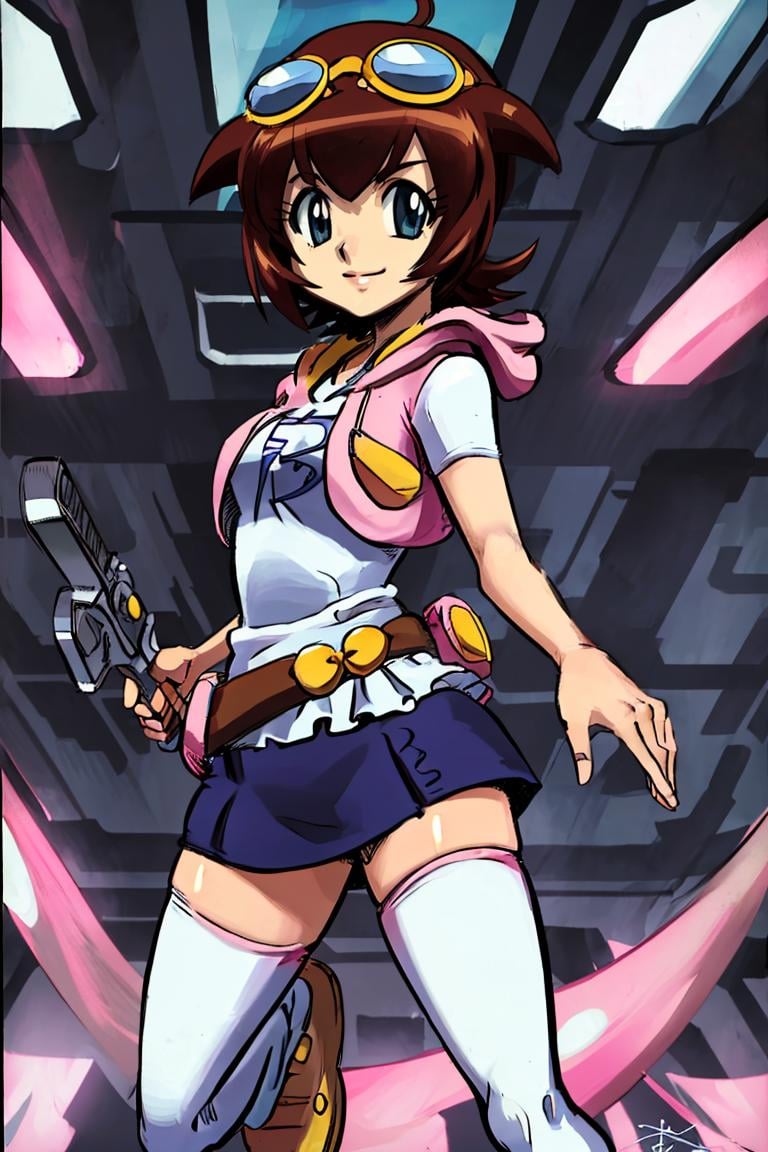 <lora:Alex_Ahad_Style:0.8>,((masterpiece,best quality)), absurdres, <lora:Amano_Madoka_Beyblade:0.8>, Amano_Madoka_Beyblade, 1girl, solo, short hair, aqua eyes, brown hair, goggles on head, skirt, zettai ryouiki, white thigh highs, pink hoodie,  solo, smile, looking at viewer,