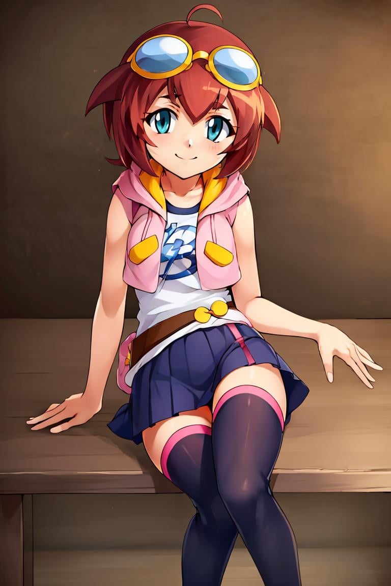 <lora:ricegnat_style:0.8>,((masterpiece,best quality)), absurdres, <lora:Amano_Madoka_Beyblade:0.8>, Amano_Madoka_Beyblade, 1girl, solo, short hair, aqua eyes, brown hair, goggles on head, skirt, zettai ryouiki, white thigh highs, pink hoodie,  solo, smile, looking at viewer, sitting, 