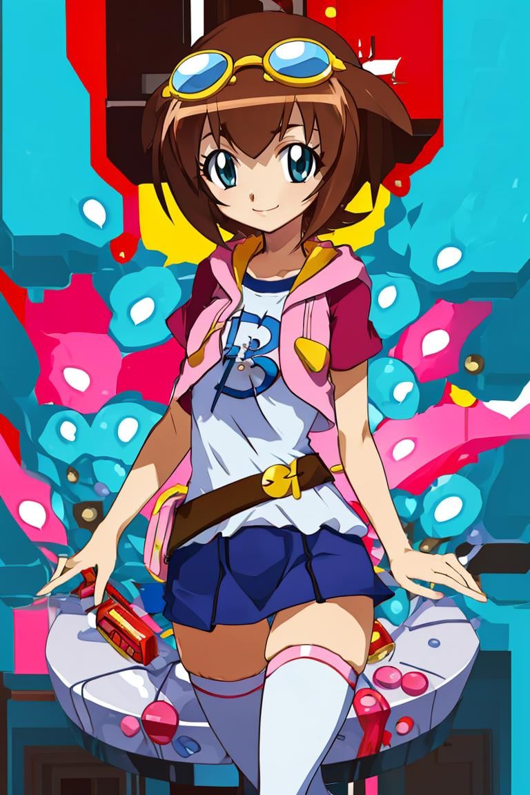 <lora:Harada_Takehito_Background_Dim32:0.8>,((masterpiece,best quality)), absurdres, <lora:Amano_Madoka_Beyblade:0.8>, Amano_Madoka_Beyblade, 1girl, solo, short hair, aqua eyes, brown hair, goggles on head, skirt, zettai ryouiki, white thigh highs, pink hoodie,  solo, smile, looking at viewer,