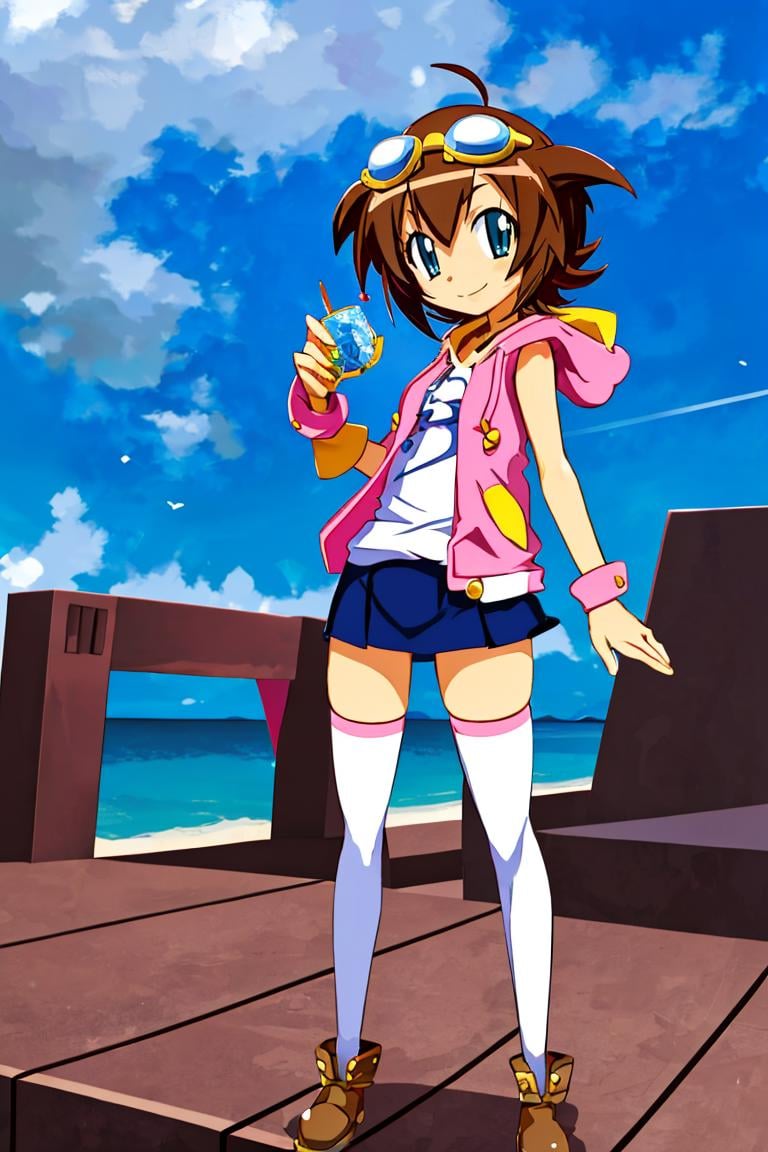 <lora:Harada_Takehito_v2_Repeats5:0.8>,((masterpiece,best quality)), absurdres, <lora:Amano_Madoka_Beyblade:0.8>, Amano_Madoka_Beyblade, 1girl, solo, short hair, aqua eyes, brown hair, goggles on head, skirt, zettai ryouiki, white thigh highs, pink hoodie,  solo, smile, looking at viewer,