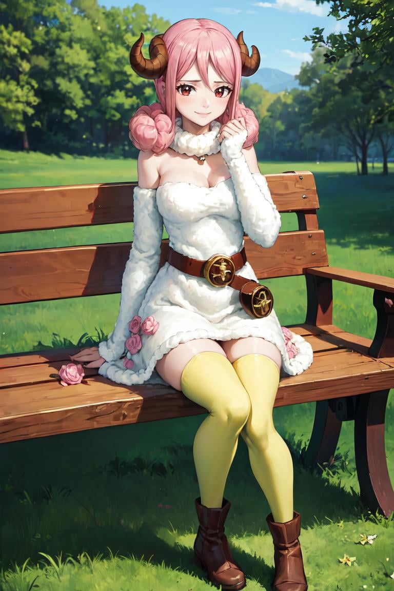 masterpiece, best quality, absurdres, 1girl, solo, AriesFairyTail, wool hair, medium hair, sheep horns, pink eyes, fur dress, white dress, bare shoulders, detached sleeves, fur choker, belt, yellow thighhighs, sitting, park bench, outdoors, smile, <lora:CHAR-Aries:1>