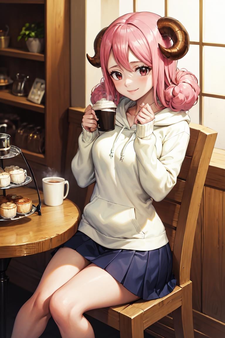 masterpiece, best quality, absurdres, 1girl, solo, AriesFairyTail, wool hair, medium hair, sheep horns, pink eyes, sitting, coffee shop, hoodie, pleated skirt, smile, <lora:CHAR-Aries:1>