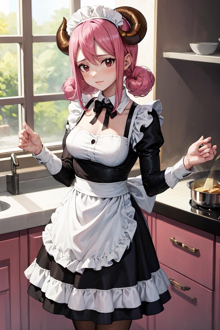 masterpiece, best quality, absurdres, 1girl, solo, AriesFairyTail, wool hair, medium hair, sheep horns, pink eyes, maid, maid headdress, maid apron, kitchen, <lora:CHAR-Aries:1>