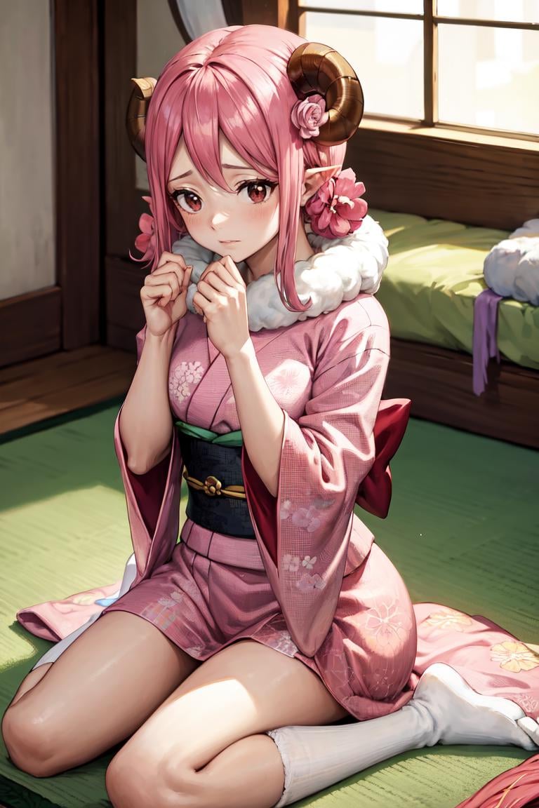 masterpiece, best quality, absurdres, 1girl, solo, AriesFairyTail, wool hair, medium hair, sheep horns, pink eyes, indoors, kimono, hair flower, floral print, wariza, sitting, hands on own knees, <lora:CHAR-Aries:1>