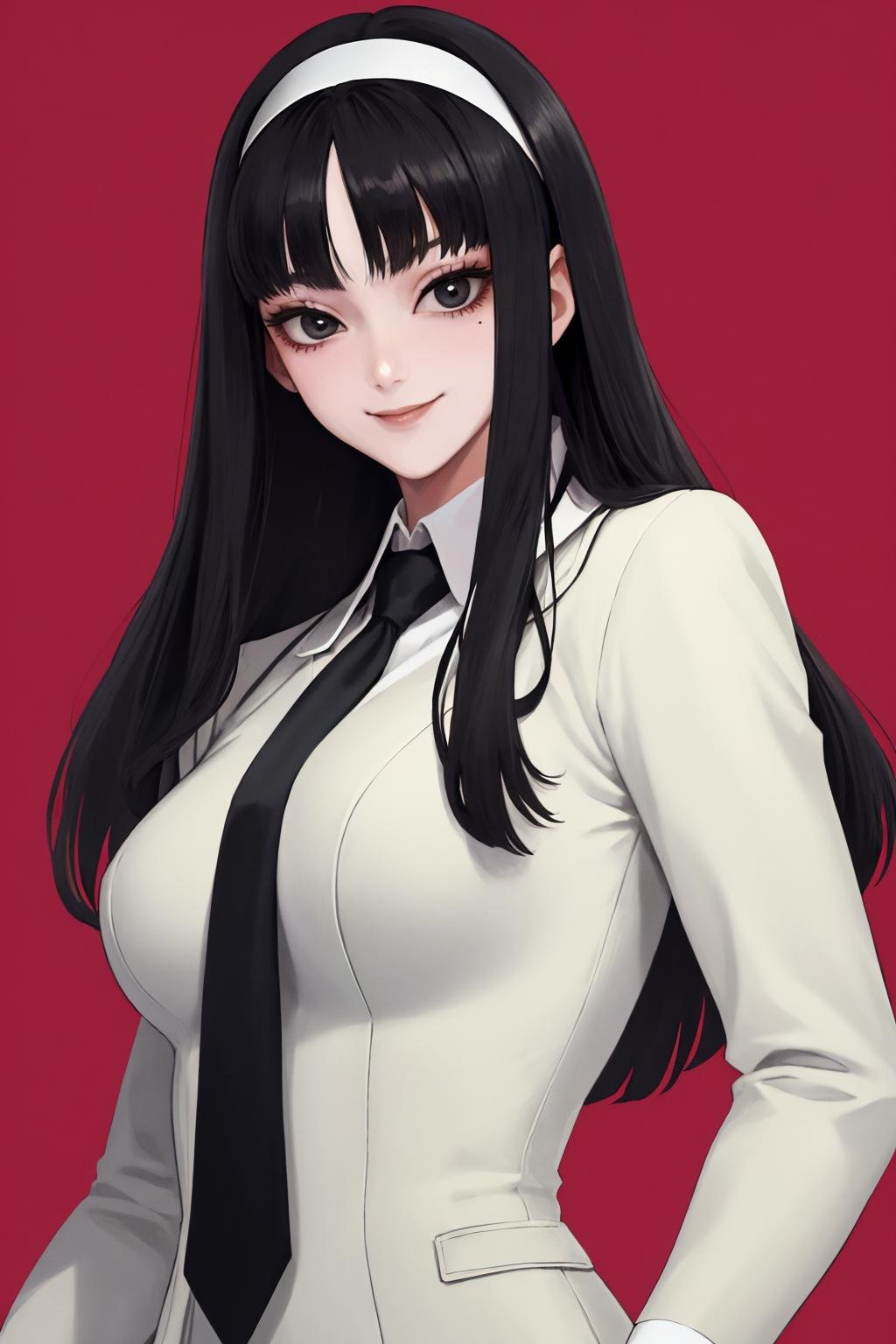 masterpiece, best quality, 1girl, solo, standing, <lora:kawakamitomie-junjiito-richy-v1:1> tomie, hairband, blunt bangs, closed mouth, smile, looking at viewer, (mole under eye:0.7), upper body, suit, black necktie, 