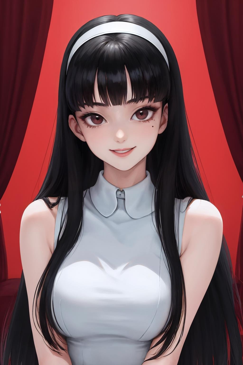 masterpiece, best quality, 1girl, solo, standing, <lora:kawakamitomie-junjiito-richy-v1:1> tomie, hairband, blunt bangs, smile, looking at viewer, (mole under eye:0.7), upper body, 