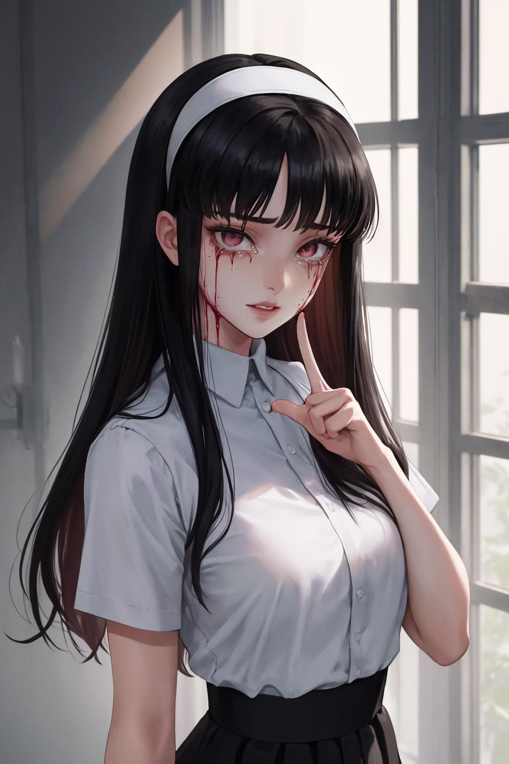 masterpiece, best quality, 1girl, solo, standing, <lora:kawakamitomie-junjiito-richy-v1:1> tomie, hairband, blood from eyes, crying with eyes open, parted lips, index finger raised, hand up, blunt bangs, upper body, pointing at self, 