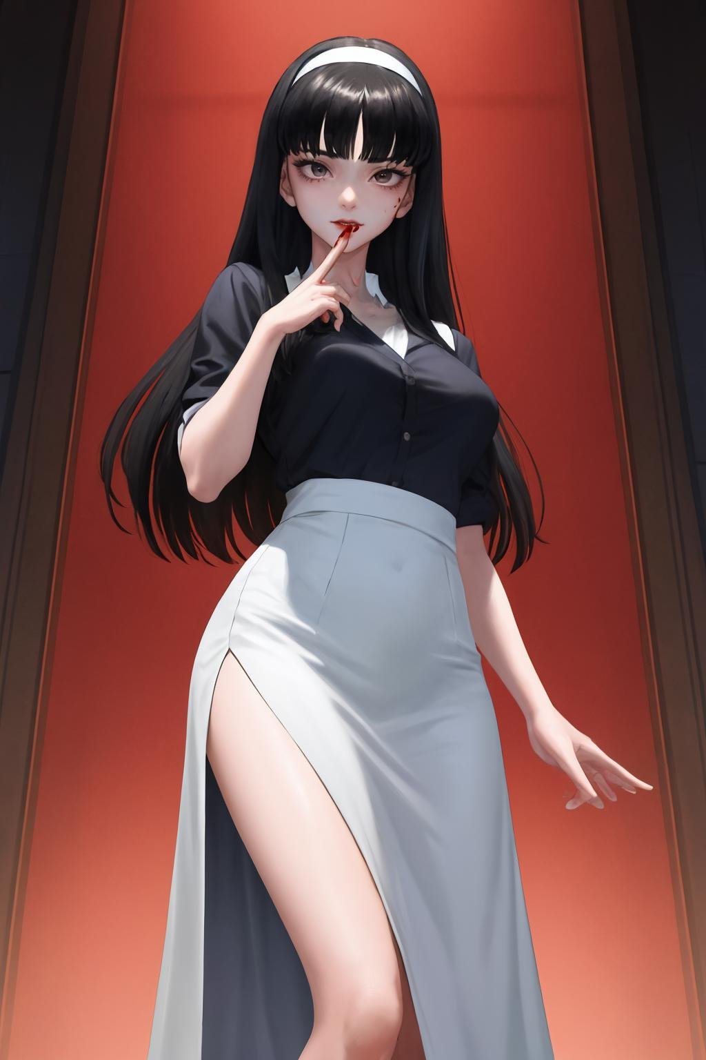masterpiece, best quality, 1girl, solo, standing, <lora:kawakamitomie-junjiito-richy-v1:1> tomie, hairband, blood from eyes, index finger raised, hand up, blunt bangs