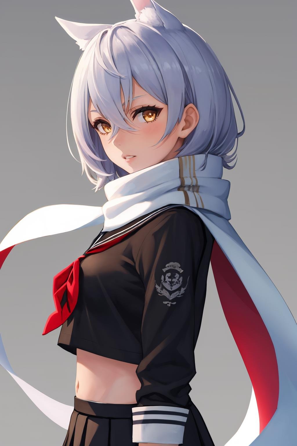 masterpiece, best quality, 1girl, solo, <lora:maya-al-richy-v1:1> maya, school uniform, white scarf, black serafuku, black shirt, pleated skirt, standing, looking at viewer, parted lips, from side, rigging, azur lane, kantai collection