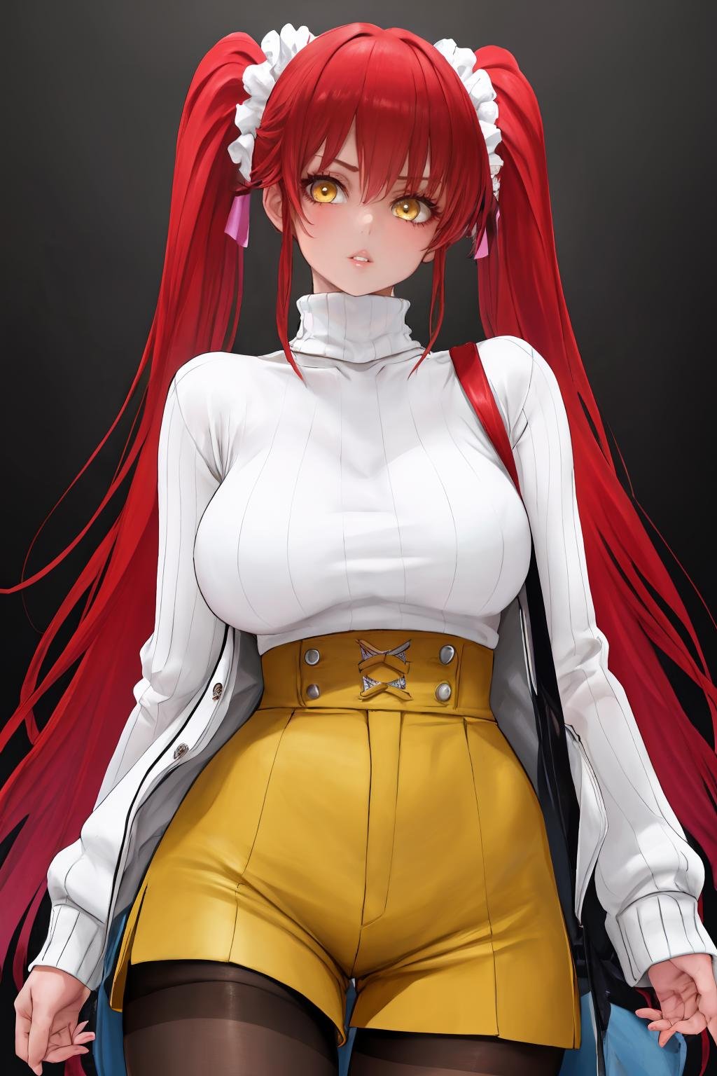 masterpiece, best quality, 1girl, solo, <lora:dishwasher1910-artist-richy-v1:1> standing, looking at viewer, parted lips, red hair, twin tails, very long hair, hair scrunchie, yellow eyes, turtleneck, ribbed sweater, looking at viewer, high-waist shorts, pantyhose