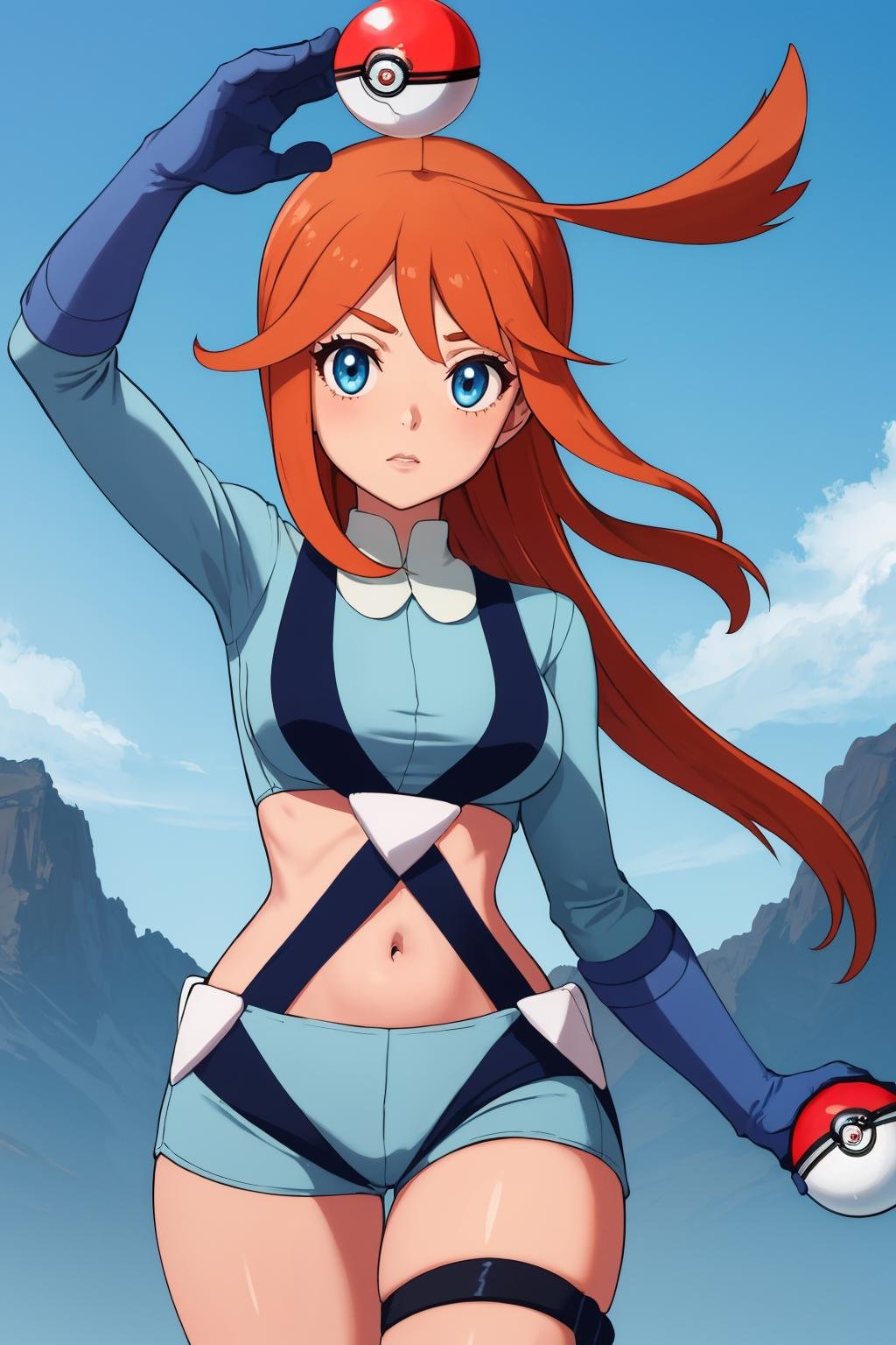 masterpiece, best quality, 1girl, solo, <lora:skylaoutfit-pokemon-richy-v1:1> skylaoutfit, blue jacket, midriff, blue gloves, blue shorts, suspenders, thigh strap, arm up, upper body, orange hair, blue eyes, long hair, (((poke ball, holding, holding poke ball)))