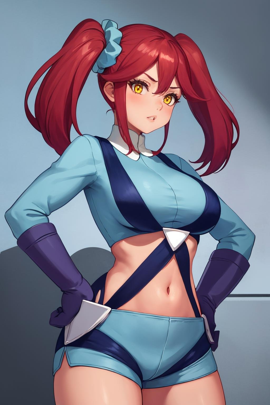 masterpiece, best quality, 1girl, solo, <lora:skylaoutfit-pokemon-richy-v1:1> skylaoutfit, blue jacket, navel, midriff, blue gloves, blue shorts, suspenders, red hair, twin tails, very long hair, yellow eyes, hair scrunchie, parted lips, mature female, large breasts , hands on hips, 