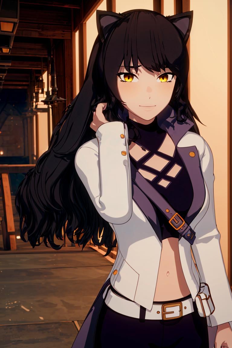 ((masterpiece,best quality)), <lora:Blake_RWBY:0.8>, Blake_RWBY,   1girl, solo, black hair, long hair, cat ears, animal ears, yellow eyes, belt, midriff, pants, jacket, solo, smiling, looking at viewer, cowboy shot, cinematic composition, <lora:more_details:0.7>