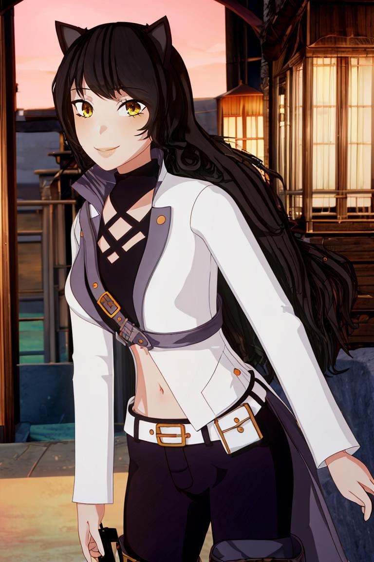 <lora:Puppypaww_Style:0.8>,((masterpiece,best quality)), <lora:Blake_RWBY:0.8>, Blake_RWBY, 1girl, solo, black hair, long hair, cat ears, animal ears, yellow eyes, belt, midriff, pants, jacket, solo, smiling, looking at viewer, cowboy shot, <lora:more_details:0.7>