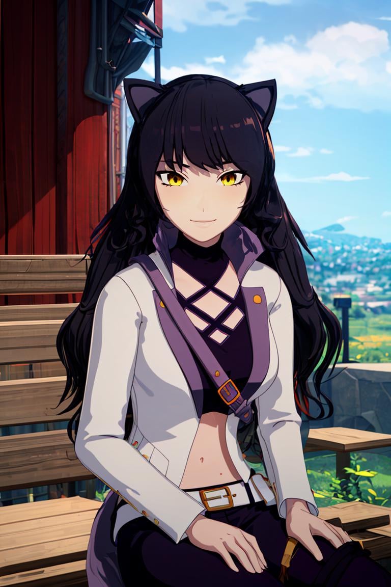 ((masterpiece,best quality)), <lora:Blake_RWBY:0.8>, Blake_RWBY,   1girl, solo, black hair, long hair, cat ears, animal ears, yellow eyes, belt, midriff, pants, jacket, solo, smiling, looking at viewer, sitting on a bench, cinematic composition, <lora:more_details:0.7>