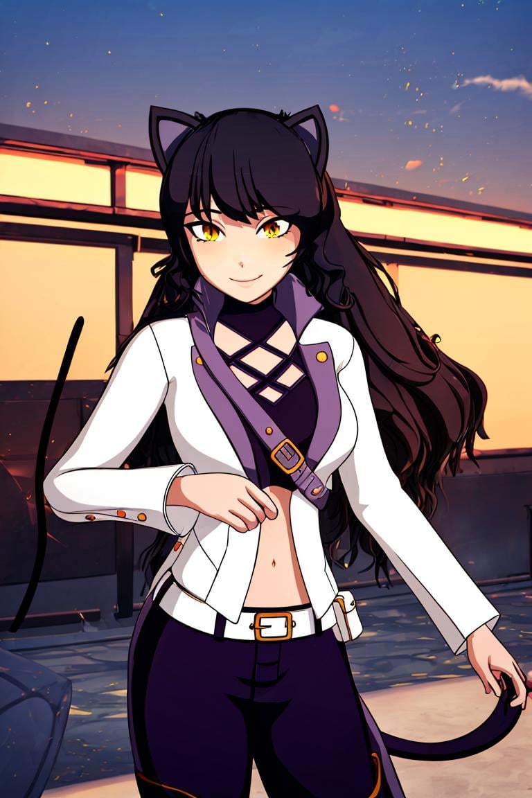 <lora:Diives_Style:0.8>,((masterpiece,best quality)), <lora:Blake_RWBY:0.8>, Blake_RWBY, 1girl, solo, black hair, long hair, cat ears, animal ears, yellow eyes, belt, midriff, pants, jacket, solo, smiling, looking at viewer, cowboy shot, <lora:more_details:0.7>