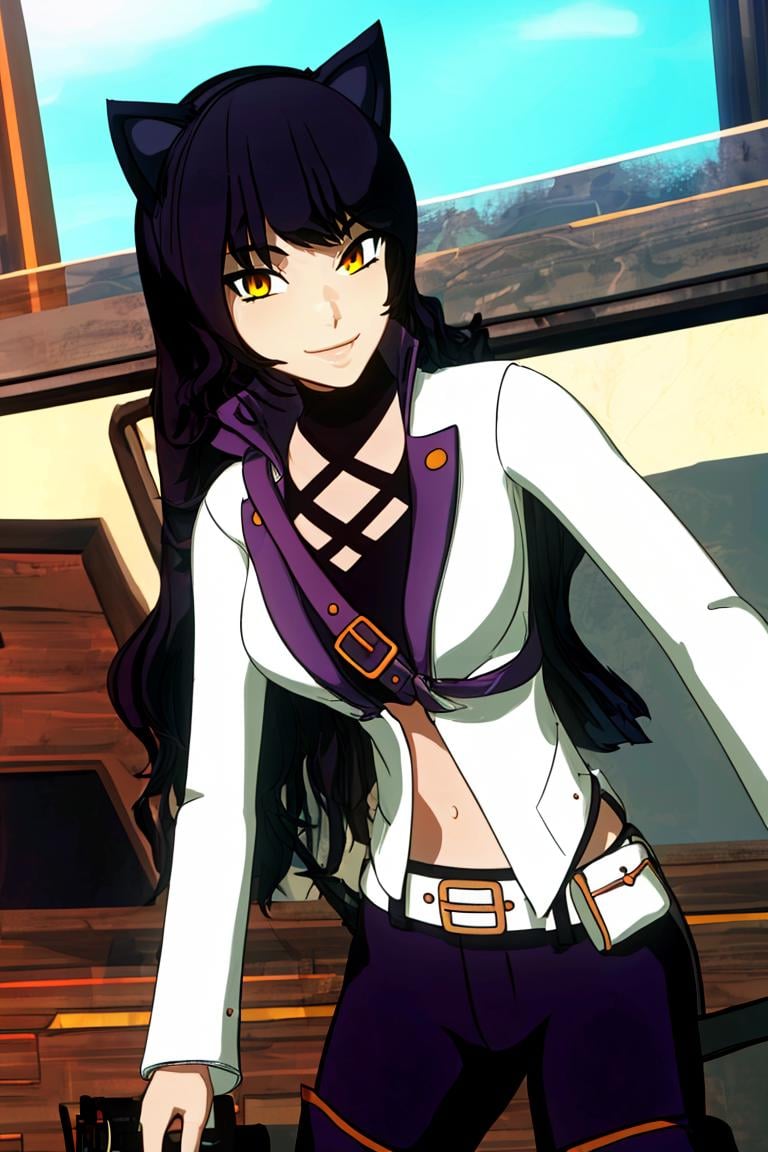 <lora:Alex_Ahad_Style:0.8>,((masterpiece,best quality)), <lora:Blake_RWBY:0.8>, Blake_RWBY, 1girl, solo, black hair, long hair, cat ears, animal ears, yellow eyes, belt, midriff, pants, jacket, solo, smiling, looking at viewer, cowboy shot, <lora:more_details:0.7>