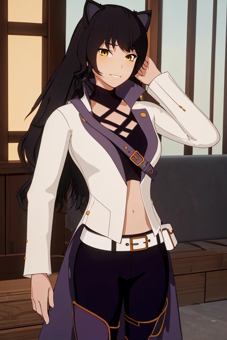 ((masterpiece,best quality)), <lora:Blake_RWBY:0.8>, Blake_RWBY,   1girl, solo, black hair, long hair, cat ears, animal ears, yellow eyes, belt, midriff, pants, jacket, solo, smiling, looking at viewer, cowboy shot, 