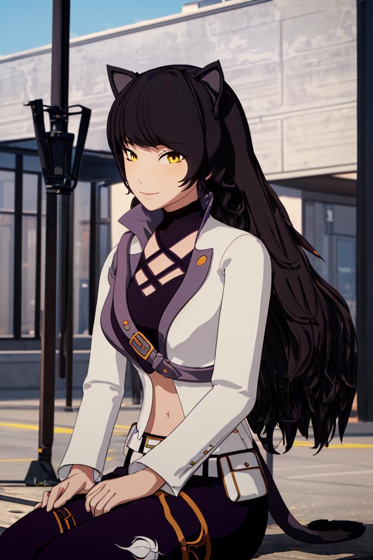 ((masterpiece,best quality)), <lora:Blake_RWBY:0.8>, Blake_RWBY,   1girl, solo, black hair, long hair, cat ears, animal ears, yellow eyes, belt, midriff, pants, jacket, solo, smiling, looking at viewer, sitting on a bench, cinematic composition, <lora:more_details:0.7>