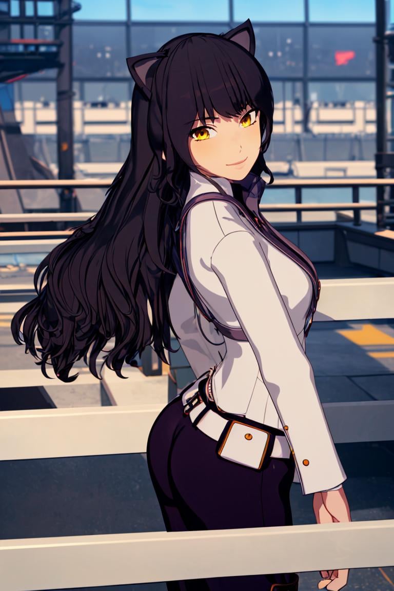 ((masterpiece,best quality)), <lora:Blake_RWBY:0.8>, Blake_RWBY,   1girl, solo, black hair, long hair, cat ears, animal ears, yellow eyes, belt, midriff, pants, jacket, solo, smiling, looking at viewer, cowboy shot,  side view, cinematic composition, <lora:more_details:0.7>