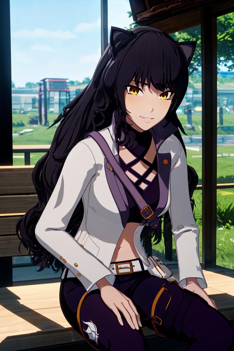 ((masterpiece,best quality)), <lora:Blake_RWBY:0.8>, Blake_RWBY,   1girl, solo, black hair, long hair, cat ears, animal ears, yellow eyes, belt, midriff, pants, jacket, solo, smiling, looking at viewer, sitting on a bench, cinematic composition, <lora:more_details:0.7>