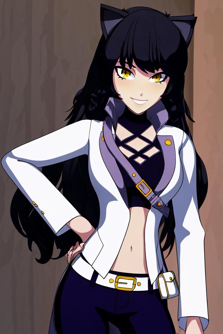 <lora:Bigdead_Style_Dim32:0.8>,((masterpiece,best quality)), <lora:Blake_RWBY:0.8>, Blake_RWBY, 1girl, solo, black hair, long hair, cat ears, animal ears, yellow eyes, belt, midriff, pants, jacket, solo, smiling, looking at viewer, cowboy shot, <lora:more_details:0.7>