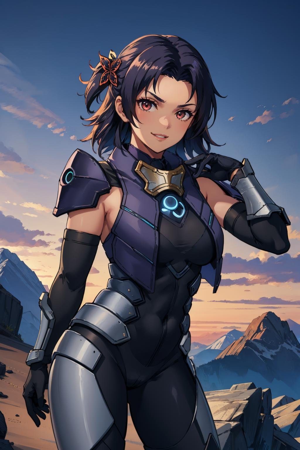 masterpiece, best quality, ashera, hair ornament, armor, bodysuit, black gloves, cowboy shot, dynamic pose, looking at viewer, furrowed brow, smile, mountains, hills, dusk <lora:ashera-nvwls-v1-000010:0.9>