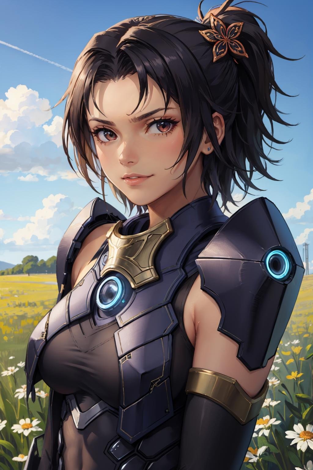 masterpiece, best quality, ashera, hair ornament, armor, bodysuit, black gloves, upper body, looking at viewer, furrowed brow, smirk, field, sky, savannah, tan <lora:ashera-nvwls-v1-000010:0.9>