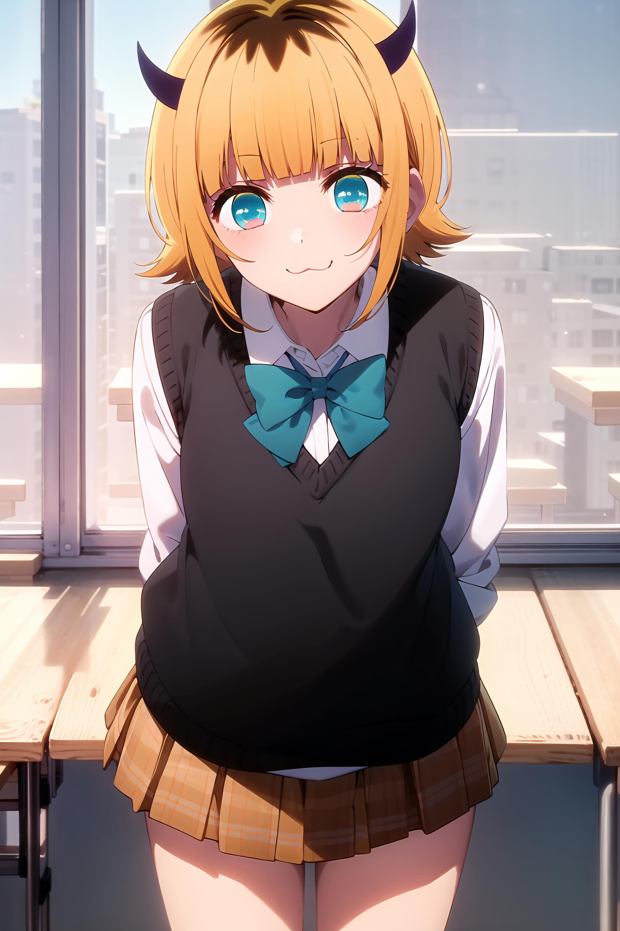 best quality, masterpiece, detailed,<lora:OshiNoKo_MEMcho:0.8>, memcho,closed mouth, :3, smile,short hair, blonde hair, multicolored hair, aqua eyes, blunt bangs, horns,school uniform, sweater vest, collared shirt, sleeves rolled up, brown skirt, bowtie,standing, looking at the viewer, leaning forward, arms behind back,classroom