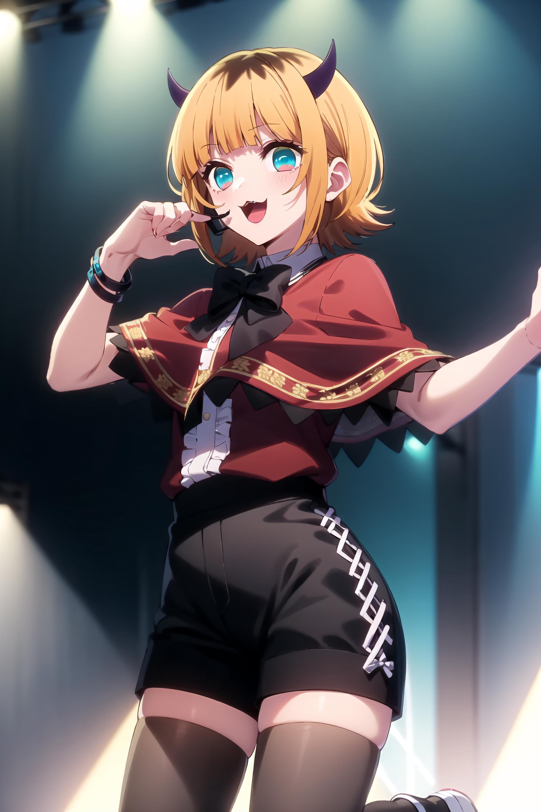 best quality, masterpiece, detailed,<lora:OshiNoKo_MEMcho:0.8>, memcho,open mouth, :3, happy,short hair, blonde hair, multicolored hair, aqua eyes, blunt bangs, horns,red capelet, red shirt, frills, black shorts, grey thighhighs, bracelet, hair bow,  black bow, headset,standing, looking at the viewer,stage, stage lights