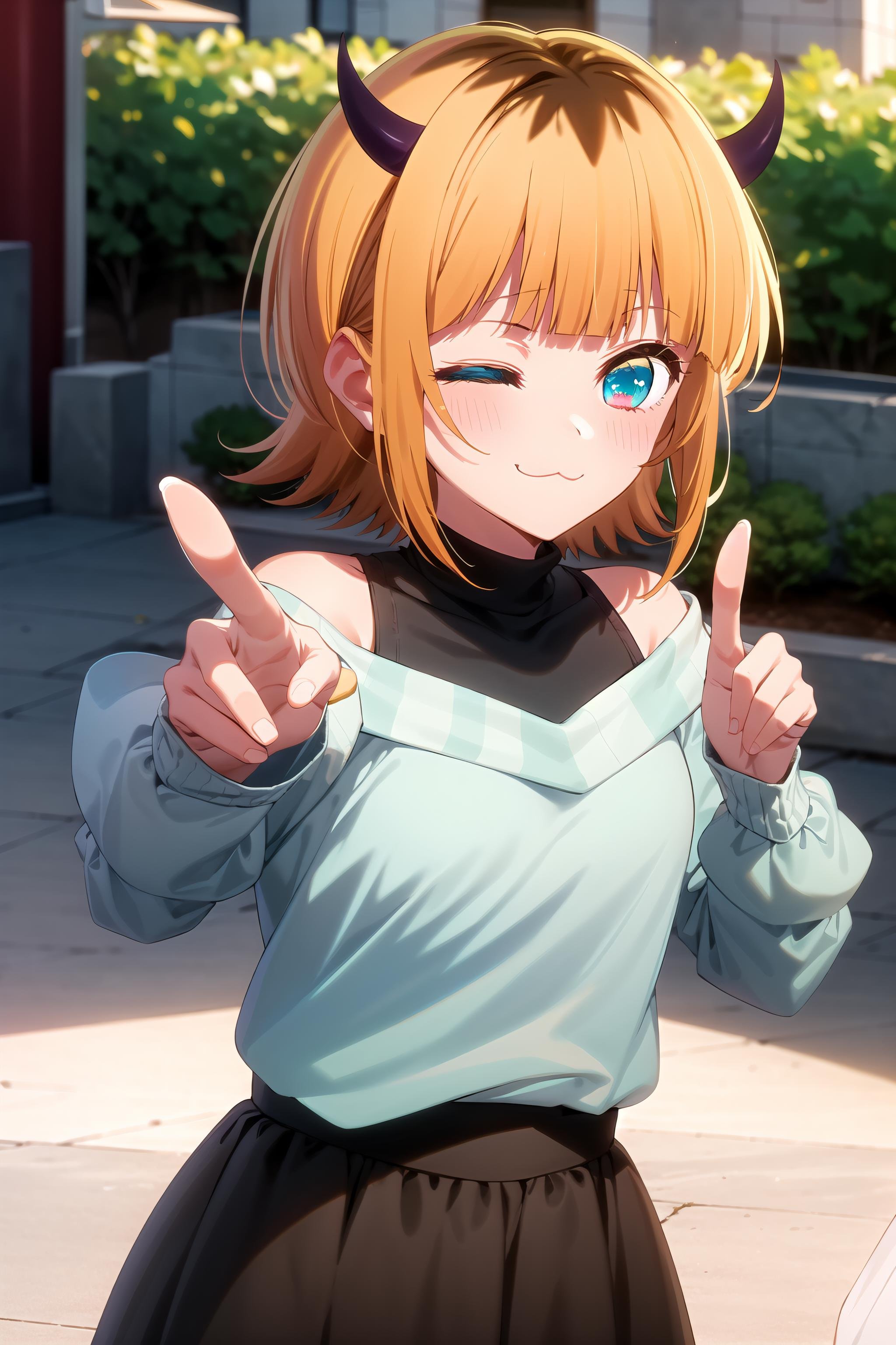 best quality, masterpiece, detailed,<lora:OshiNoKo_MEMcho:0.8>, memcho,closed mouth, light blush, :3, smile,short hair, blonde hair, multicolored hair, aqua eyes, blunt bangs, horns, one eye closed,(blue sweater:1.2), black shirt, bare shoulders, black skirt, medium breasts,standing, looking at the viewer, pointing at viewer,day, park, city, outdoors