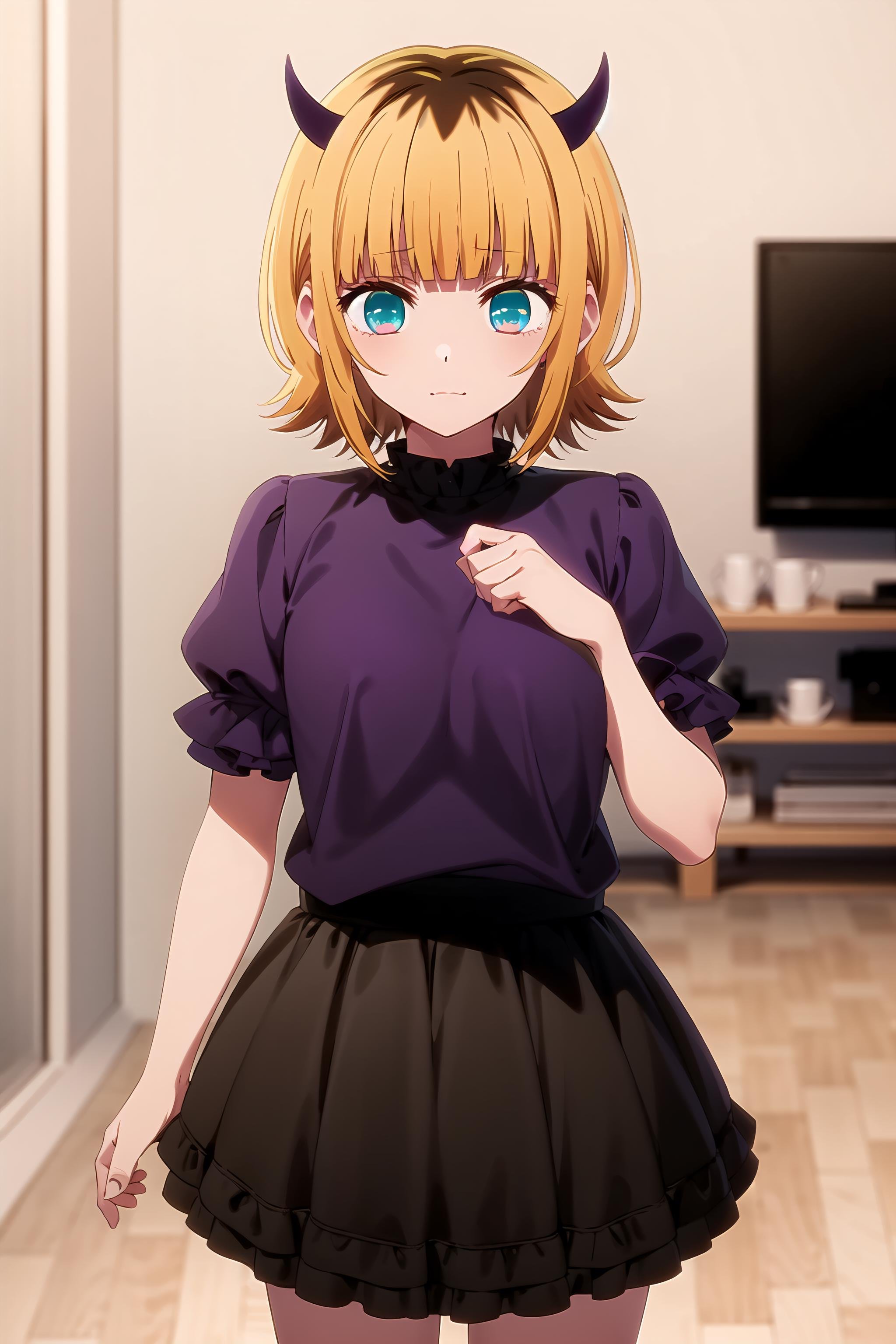 best quality, masterpiece, detailed,<lora:OshiNoKo_MEMcho:0.8>, memcho,closed mouth,short hair, blonde hair, multicolored hair, aqua eyes, blunt bangs, horns,purple shirt, puffy sleeves, frilled sleeves, frilled skirt, black skirt,standing, looking at the viewer,indoors, living room